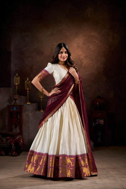 White Color Zari Weaving South Indian Lehenga Choli