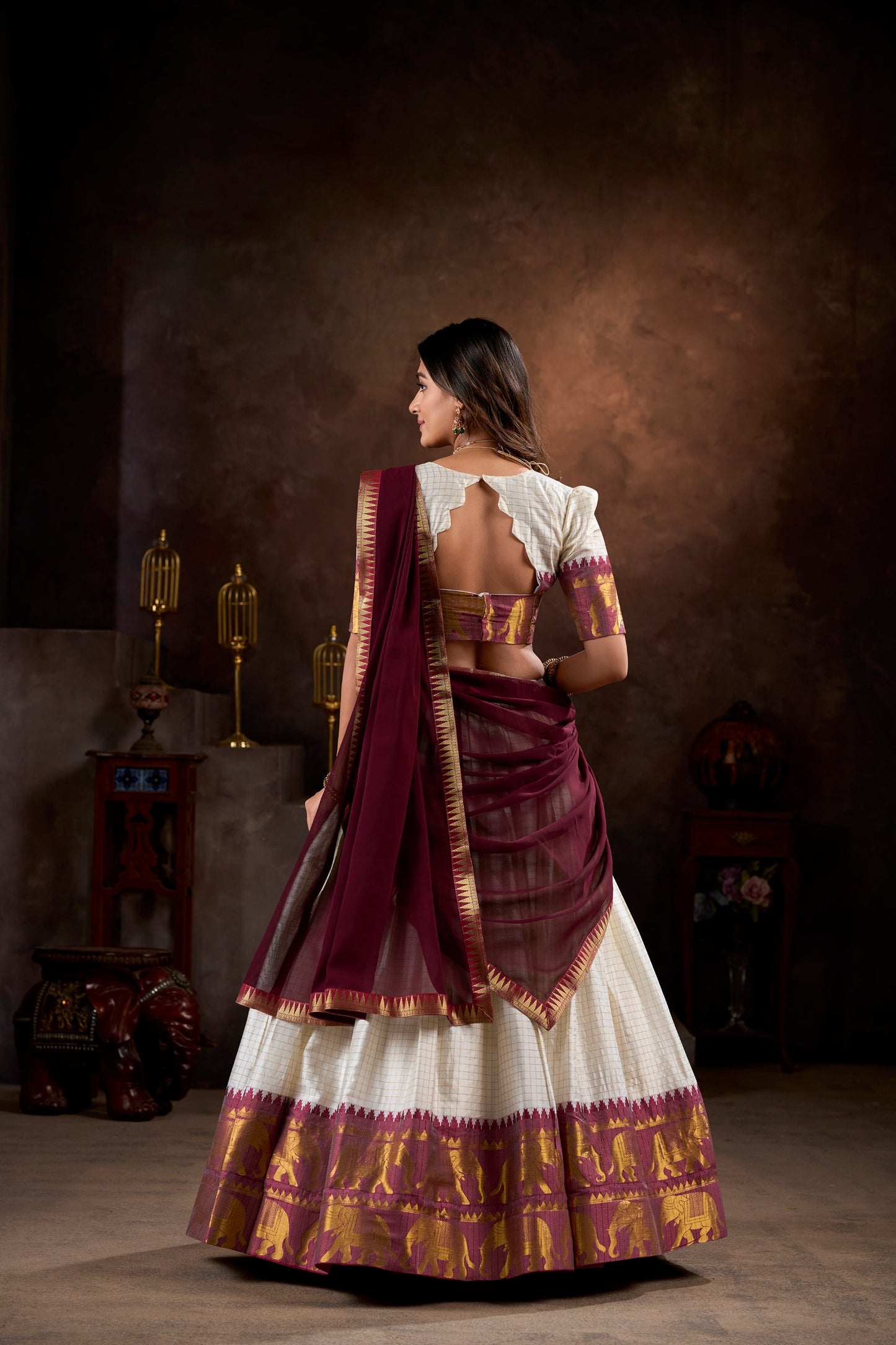 White Color Zari Weaving South Indian Lehenga Choli
