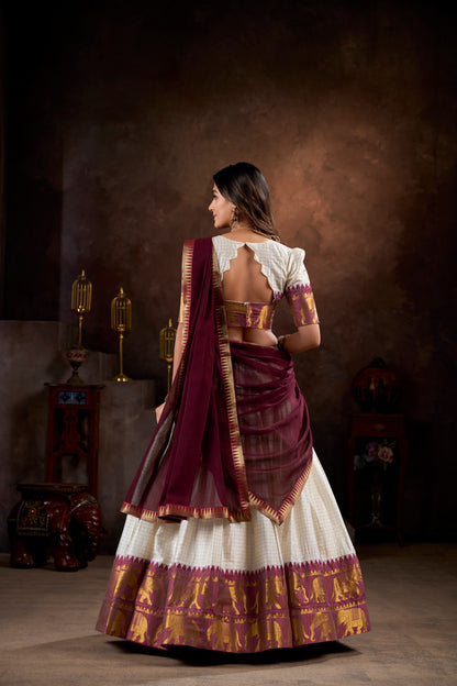 White Color Zari Weaving South Indian Lehenga Choli