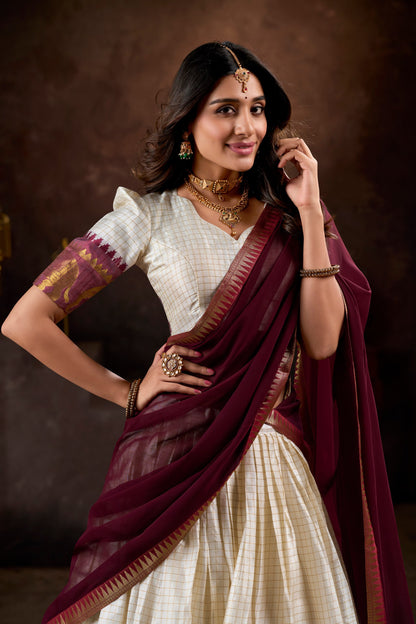 White Color Zari Weaving South Indian Lehenga Choli