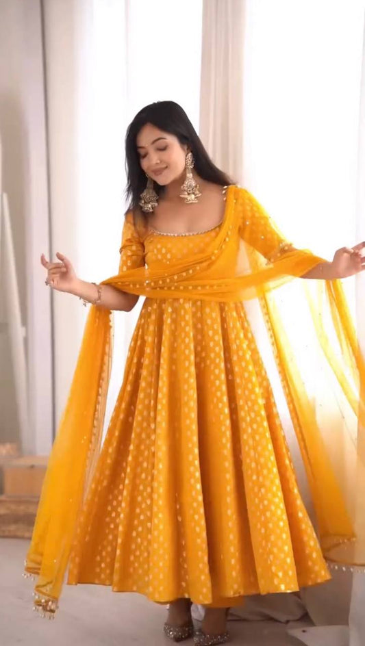 Yellow Color Chanderi Jacquard Butti with Mirror Work Anarkali Gown Pant and Dupatta