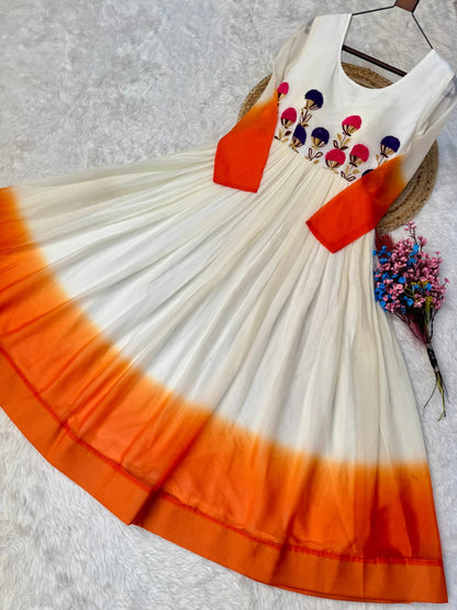 White and Orange Star Georgette Pedding with Embroidery Woolen Work Gown