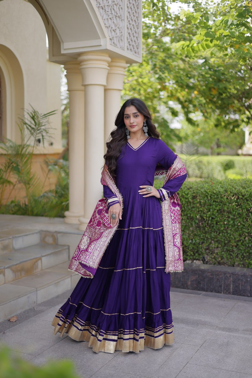 Purple color Reyon Gota Patti Lumpy Lace work Anarkali Gown With Jacquard Dupatta