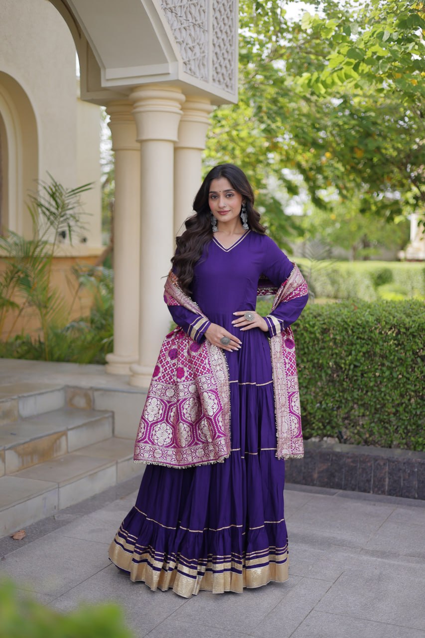 Purple color Reyon Gota Patti Lumpy Lace work Anarkali Gown With Jacquard Dupatta