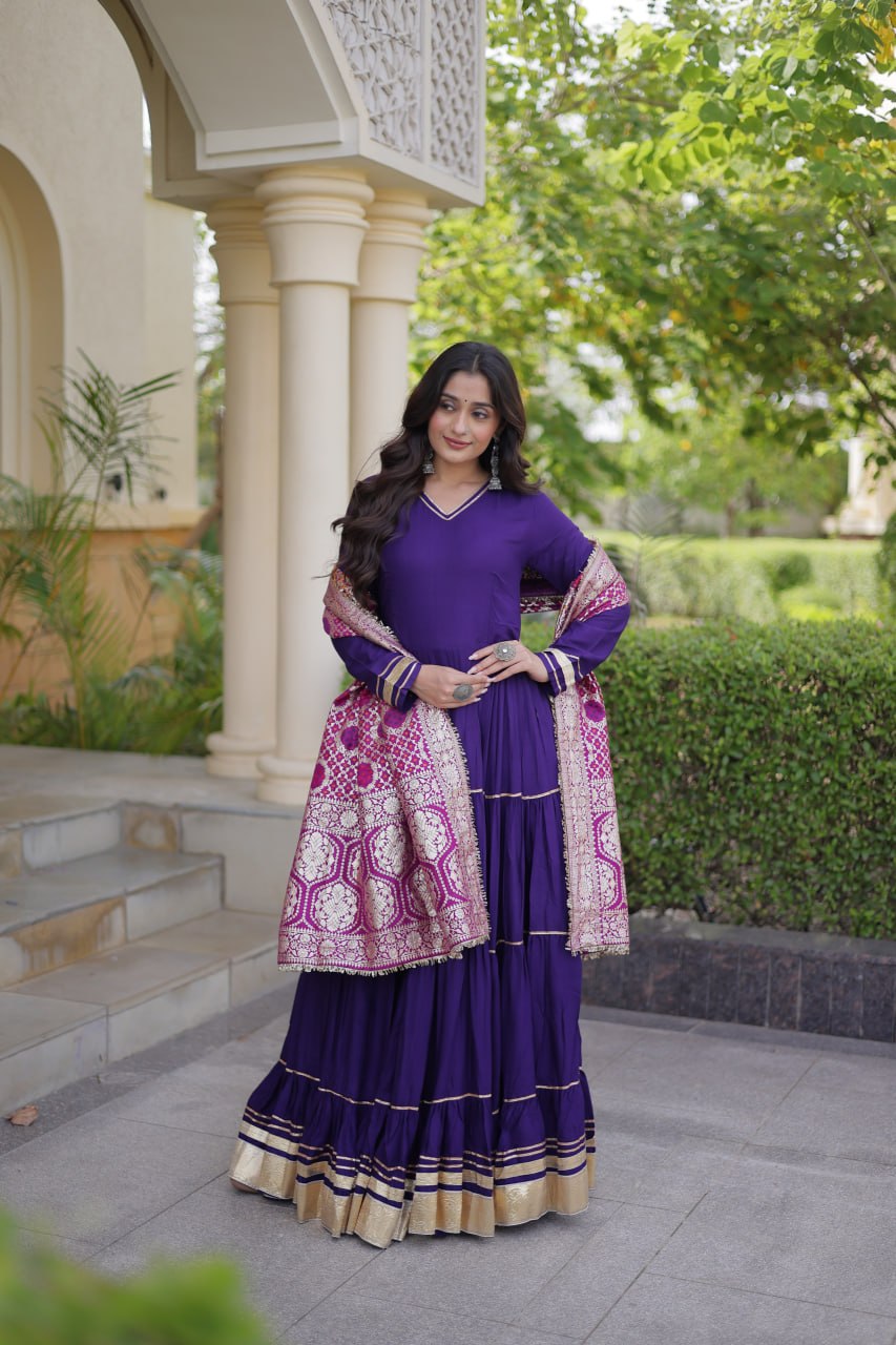 Purple color Reyon Gota Patti Lumpy Lace work Anarkali Gown With Jacquard Dupatta