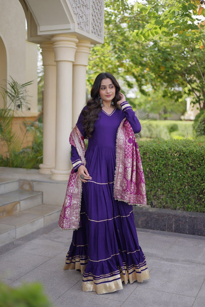 Purple color Reyon Gota Patti Lumpy Lace work Anarkali Gown With Jacquard Dupatta