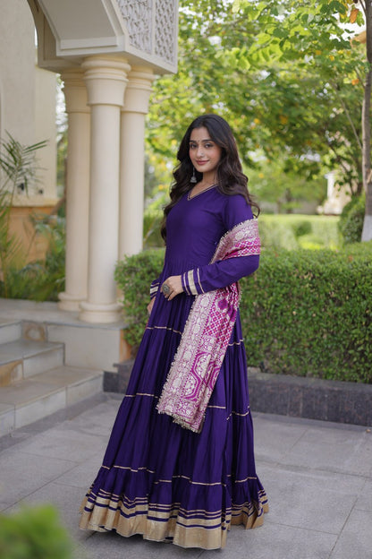 Purple color Reyon Gota Patti Lumpy Lace work Anarkali Gown With Jacquard Dupatta