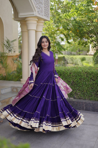 Purple color Reyon Gota Patti Lumpy Lace work Anarkali Gown With Jacquard Dupatta