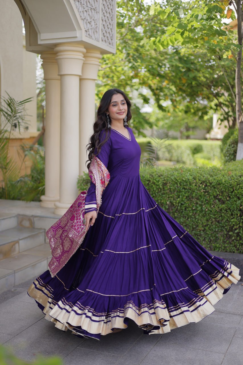 Purple color Reyon Gota Patti Lumpy Lace work Anarkali Gown With Jacquard Dupatta