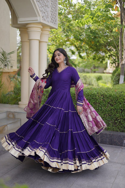 Purple color Reyon Gota Patti Lumpy Lace work Anarkali Gown With Jacquard Dupatta