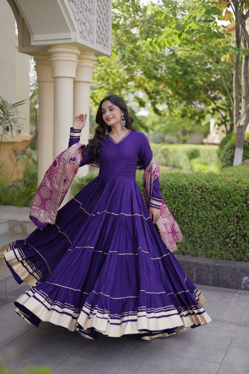 Purple color Reyon Gota Patti Lumpy Lace work Anarkali Gown With Jacquard Dupatta
