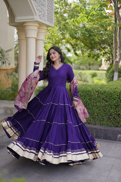 Purple color Reyon Gota Patti Lumpy Lace work Anarkali Gown With Jacquard Dupatta