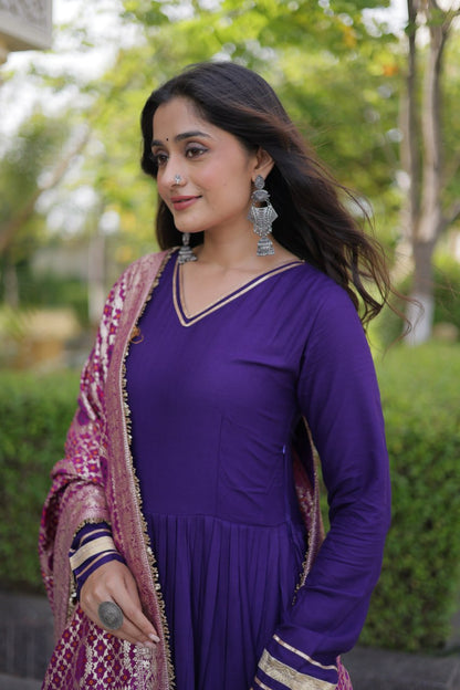 Purple color Reyon Gota Patti Lumpy Lace work Anarkali Gown With Jacquard Dupatta