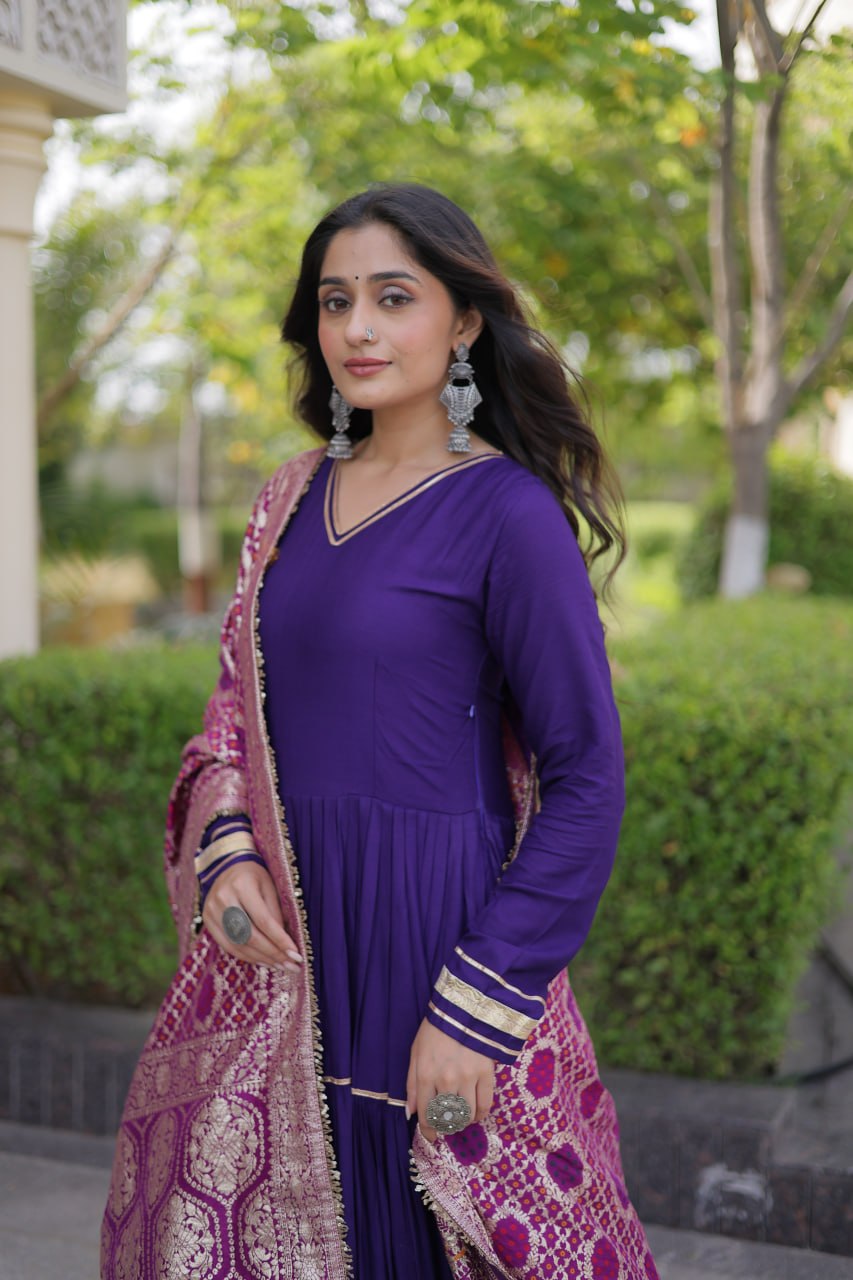 Purple color Reyon Gota Patti Lumpy Lace work Anarkali Gown With Jacquard Dupatta
