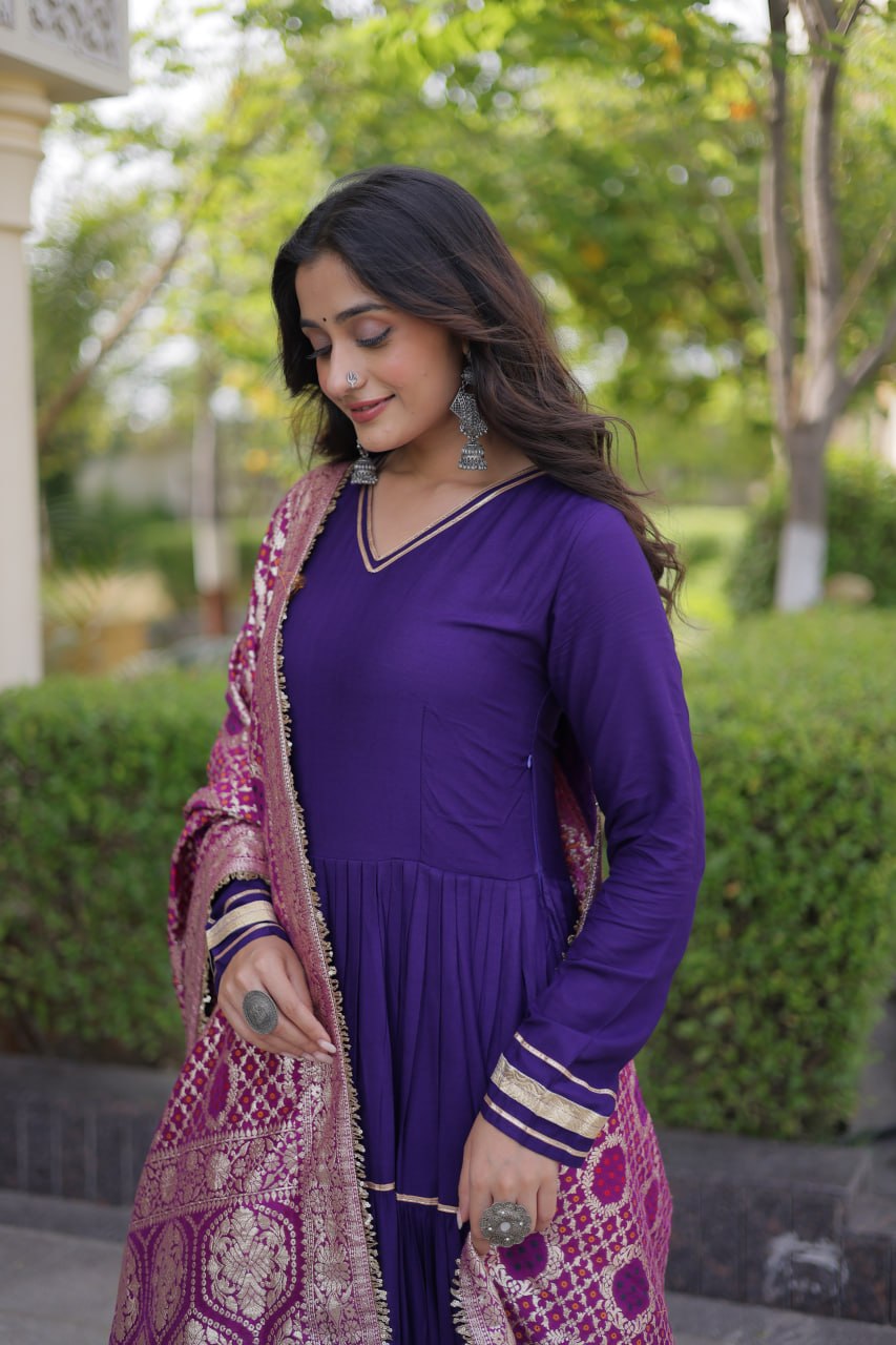 Purple color Reyon Gota Patti Lumpy Lace work Anarkali Gown With Jacquard Dupatta