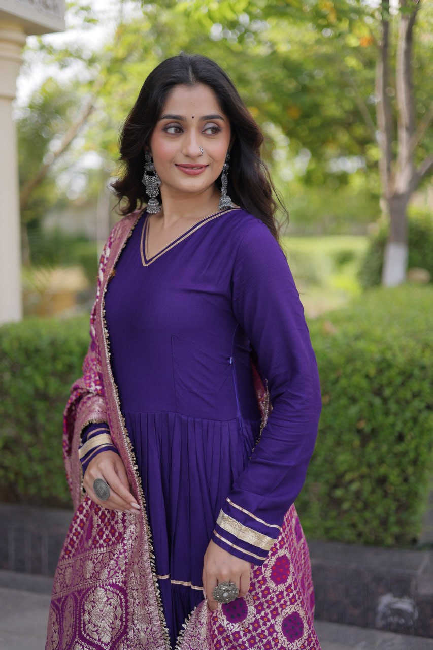 Purple color Reyon Gota Patti Lumpy Lace work Anarkali Gown With Jacquard Dupatta
