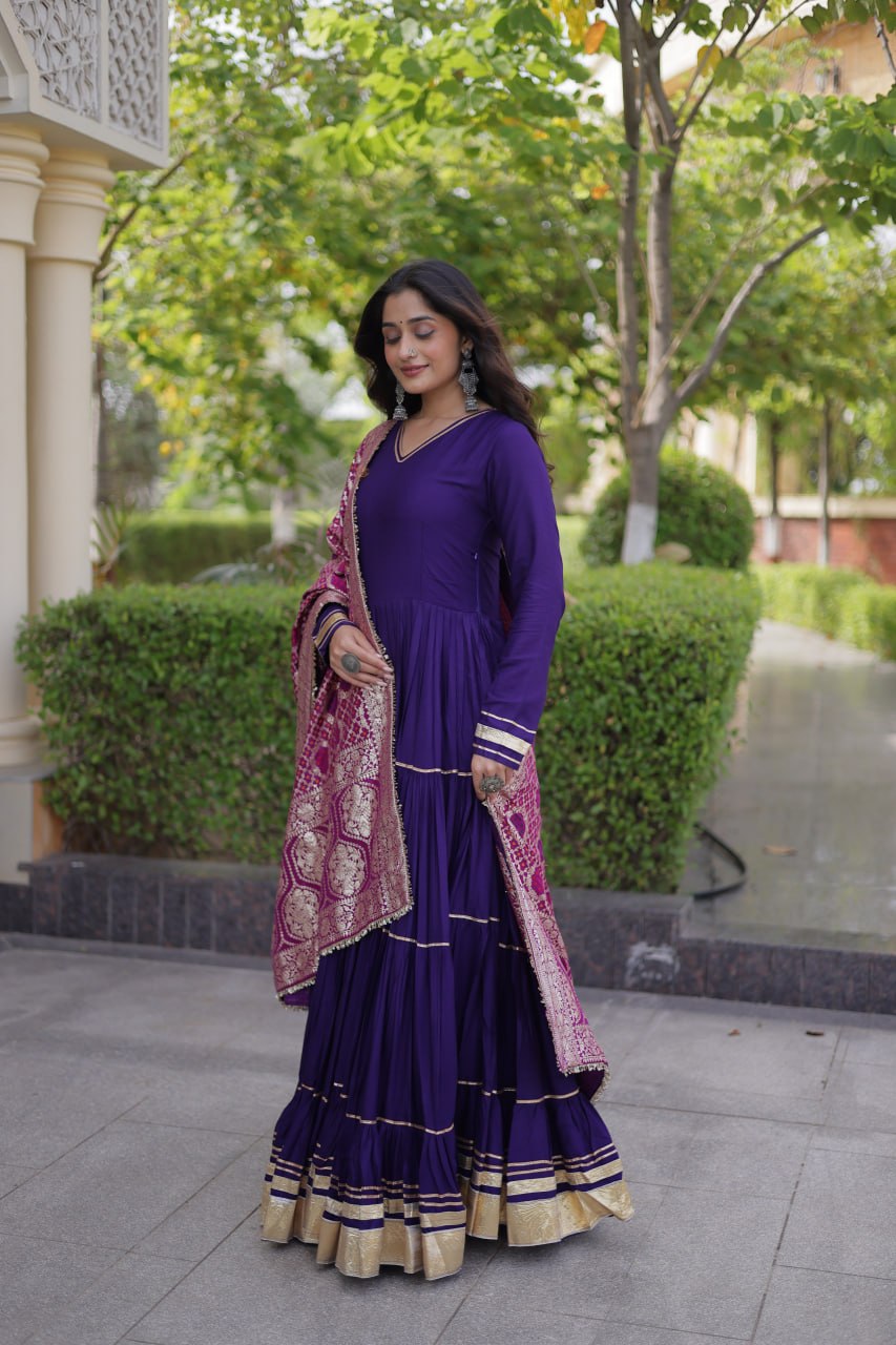 Purple color Reyon Gota Patti Lumpy Lace work Anarkali Gown With Jacquard Dupatta