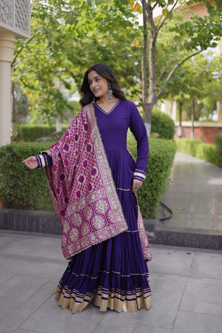 Purple color Reyon Gota Patti Lumpy Lace work Anarkali Gown With Jacquard Dupatta