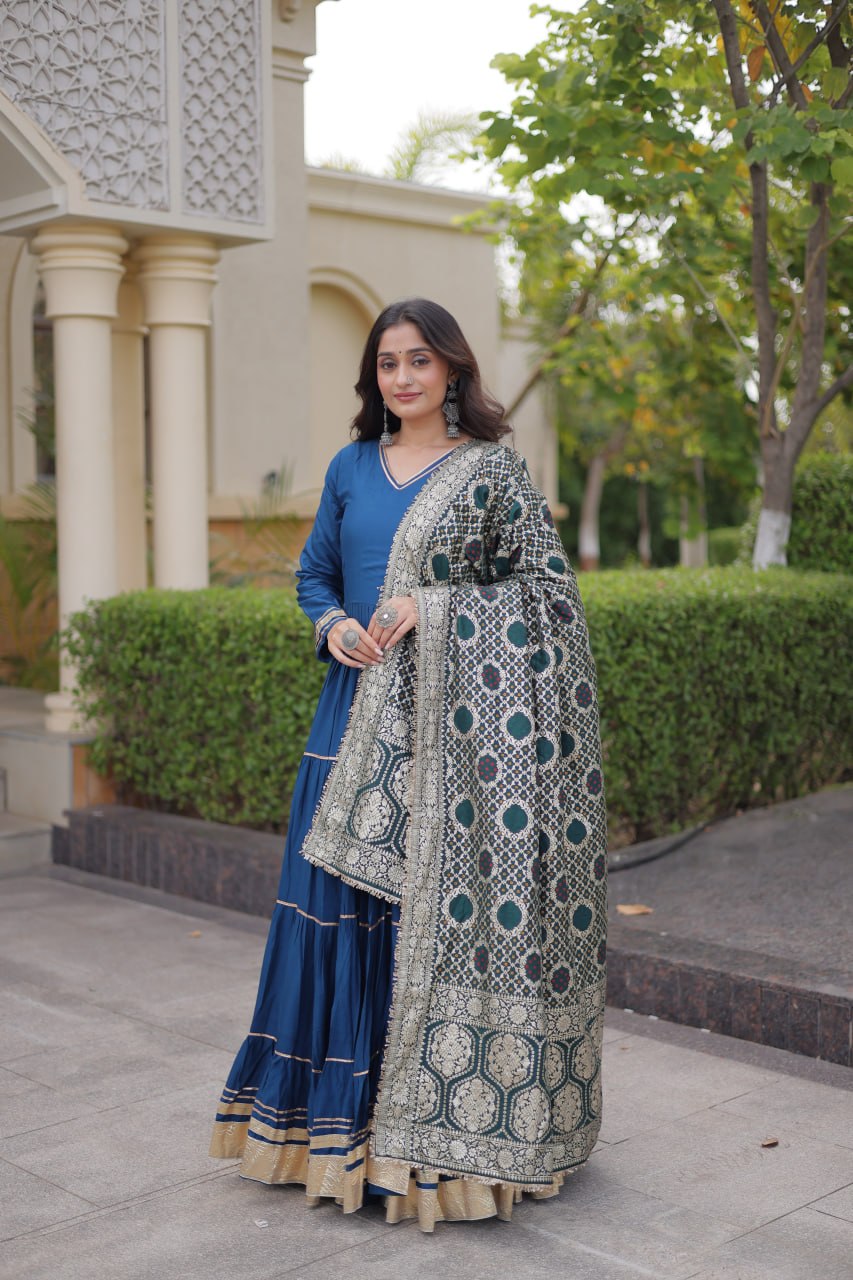 Reyon Gota Patti Lumpy Lace work Anarkali Gown With Jacquard Dupatta