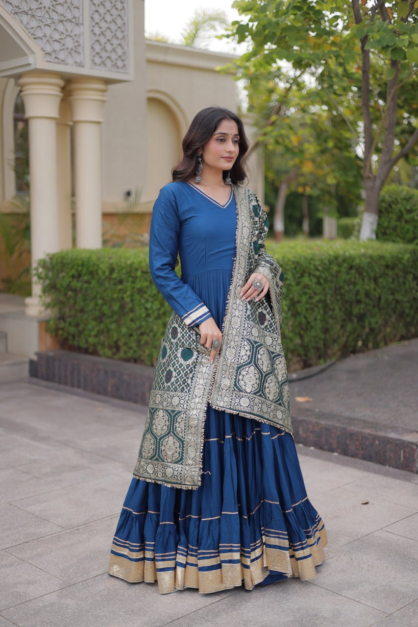 Reyon Gota Patti Lumpy Lace work Anarkali Gown With Jacquard Dupatta