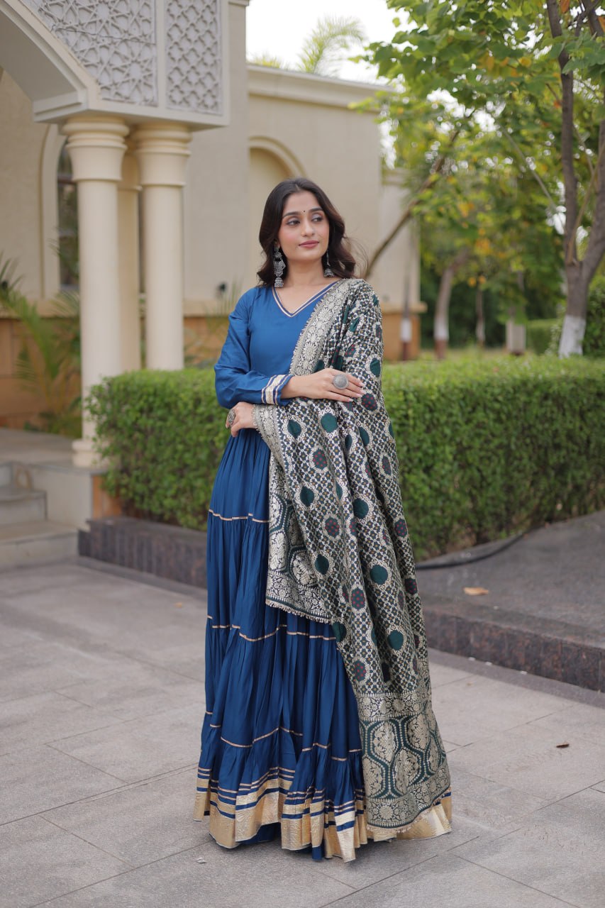 Reyon Gota Patti Lumpy Lace work Anarkali Gown With Jacquard Dupatta