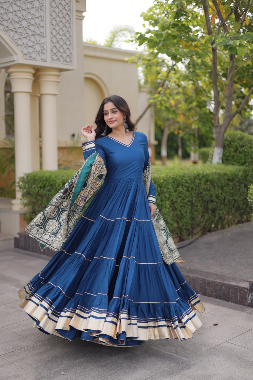 Reyon Gota Patti Lumpy Lace work Anarkali Gown With Jacquard Dupatta