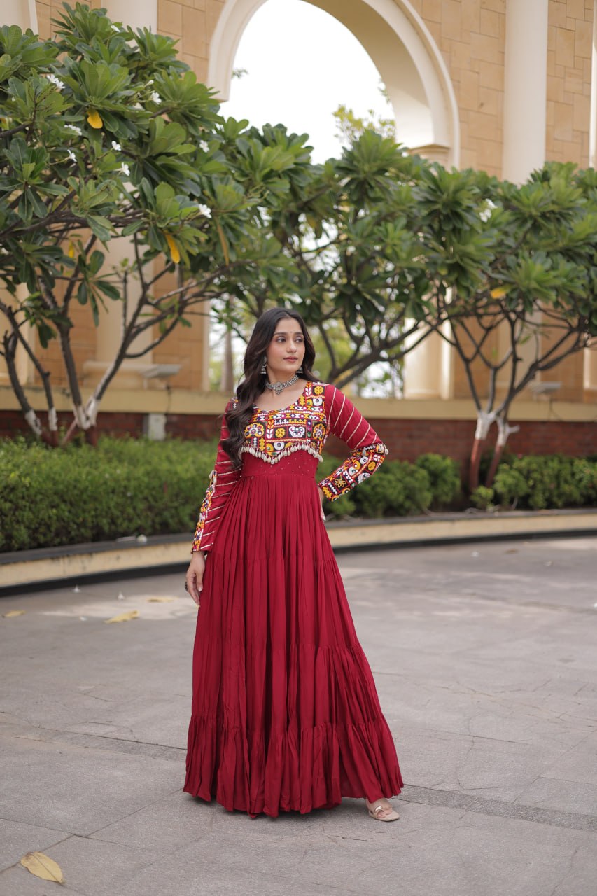 Maroon color Mukaish and Gamthi Mirror Navratri Gown