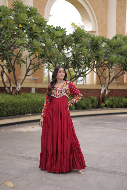Maroon color Mukaish and Gamthi Mirror Navratri Gown