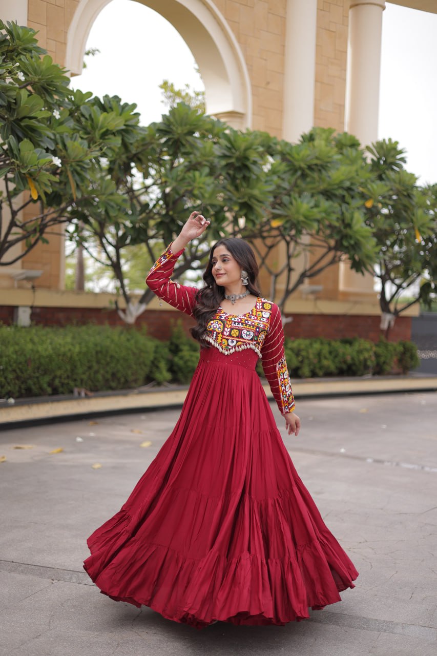 Maroon color Mukaish and Gamthi Mirror Navratri Gown