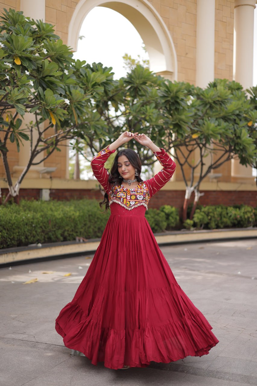 Maroon color Mukaish and Gamthi Mirror Navratri Gown