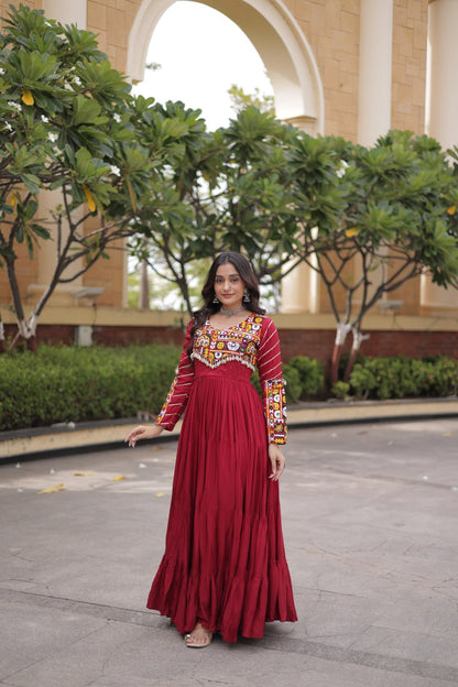 Maroon color Mukaish and Gamthi Mirror Navratri Gown