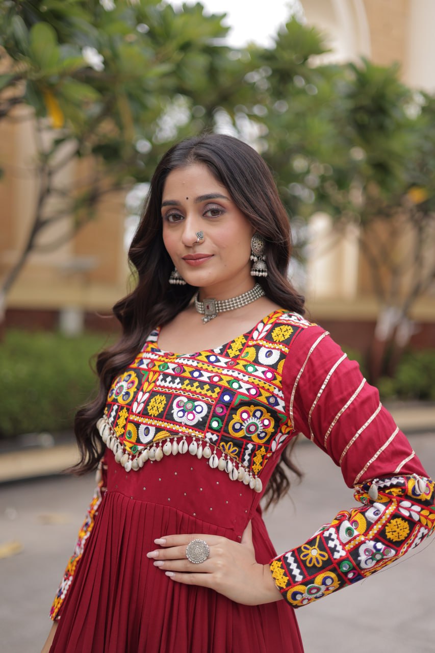 Maroon color Mukaish and Gamthi Mirror Navratri Gown