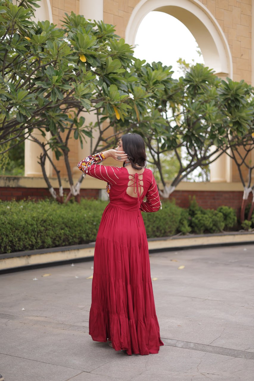 Maroon color Mukaish and Gamthi Mirror Navratri Gown