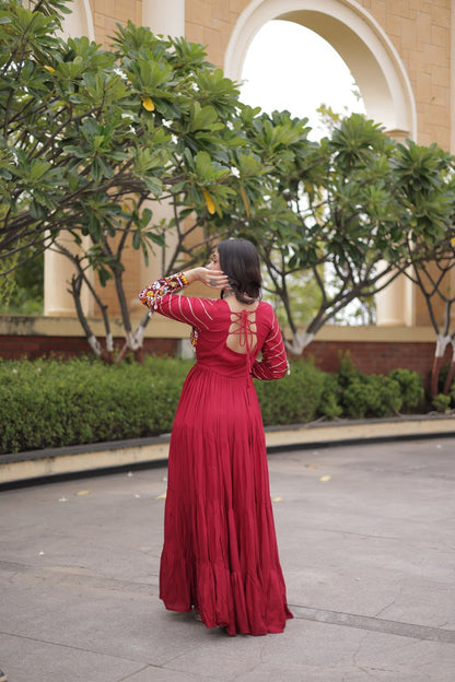 Maroon color Mukaish and Gamthi Mirror Navratri Gown