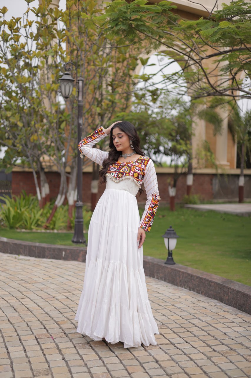 White color Mukaish and Gamthi Mirror Navratri Gown