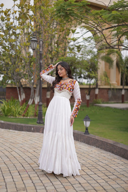 White color Mukaish and Gamthi Mirror Navratri Gown
