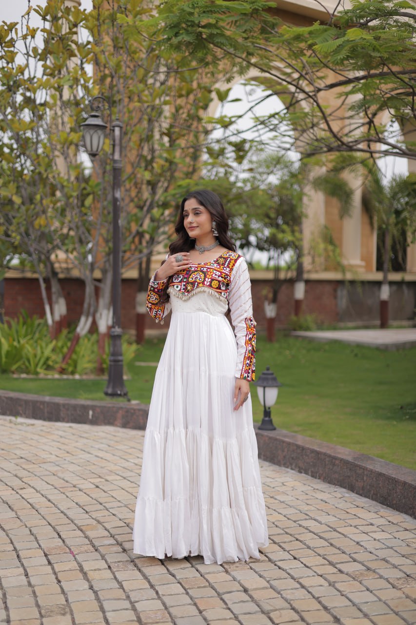 White color Mukaish and Gamthi Mirror Navratri Gown