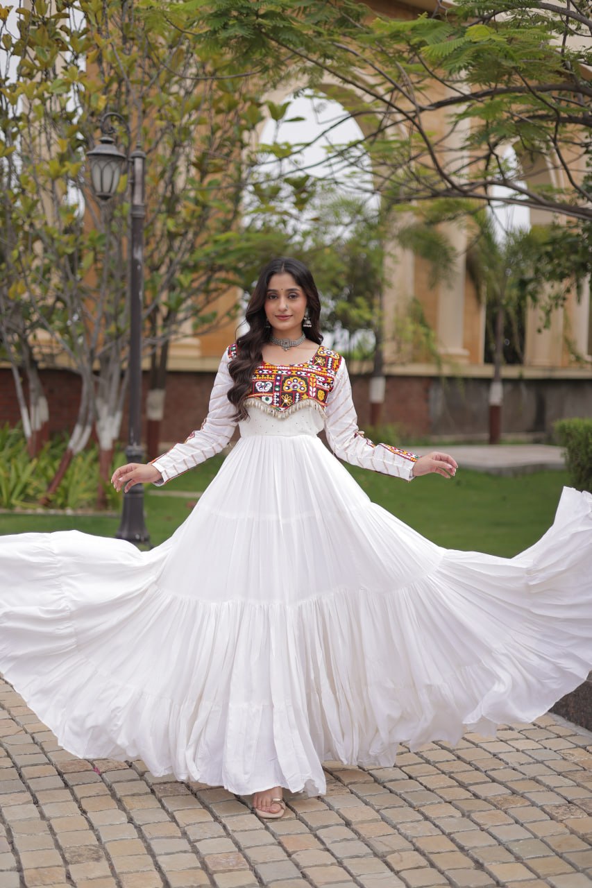 White color Mukaish and Gamthi Mirror Navratri Gown