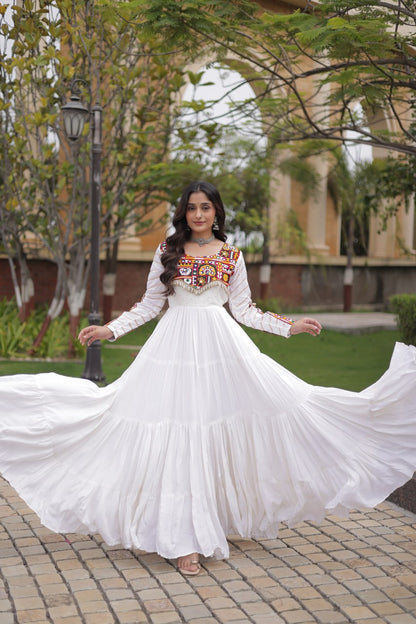 White color Mukaish and Gamthi Mirror Navratri Gown