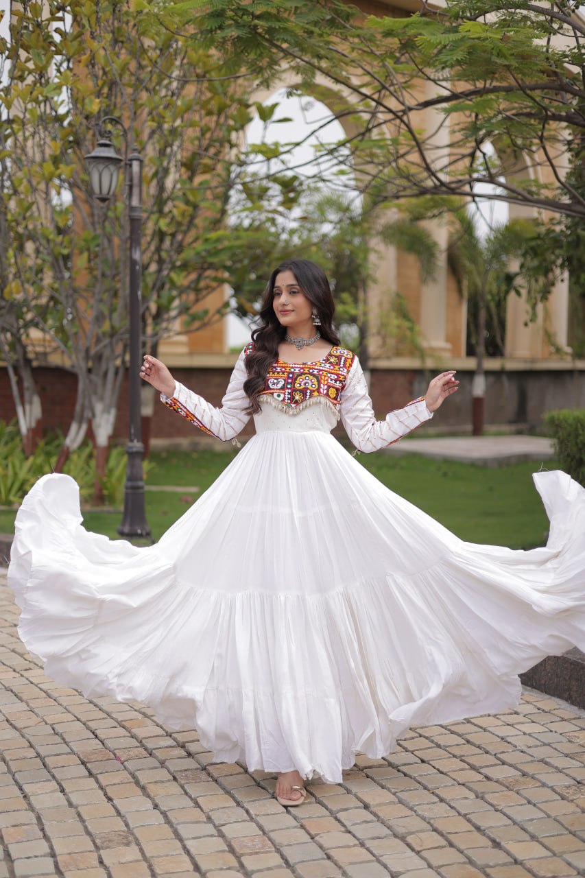 White color Mukaish and Gamthi Mirror Navratri Gown