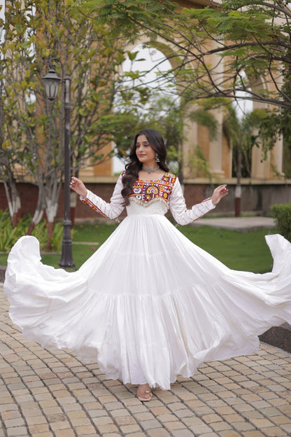White color Mukaish and Gamthi Mirror Navratri Gown