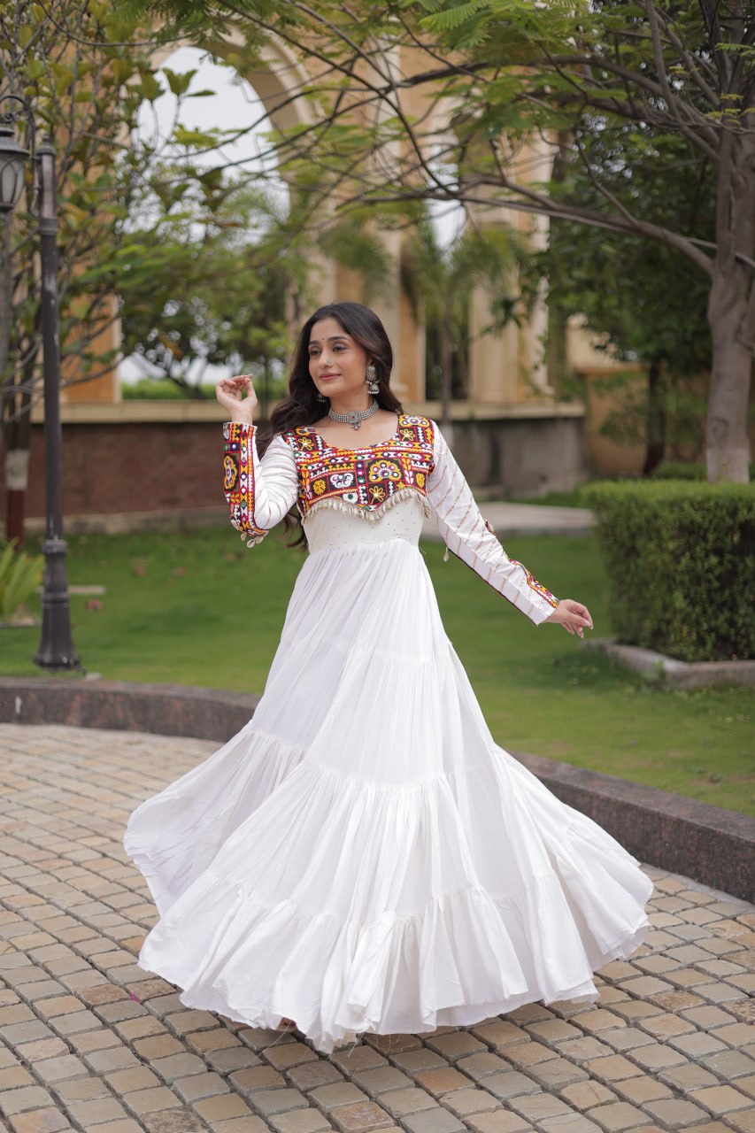 White color Mukaish and Gamthi Mirror Navratri Gown