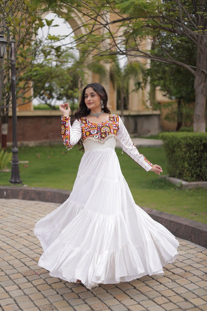 White color Mukaish and Gamthi Mirror Navratri Gown