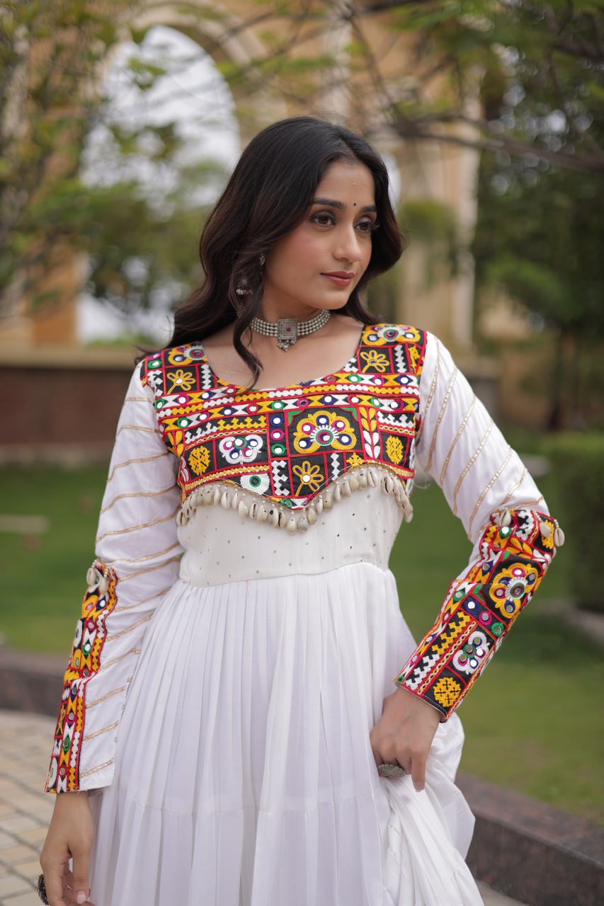 White color Mukaish and Gamthi Mirror Navratri Gown