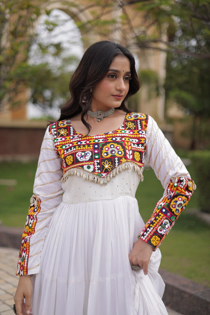 White color Mukaish and Gamthi Mirror Navratri Gown