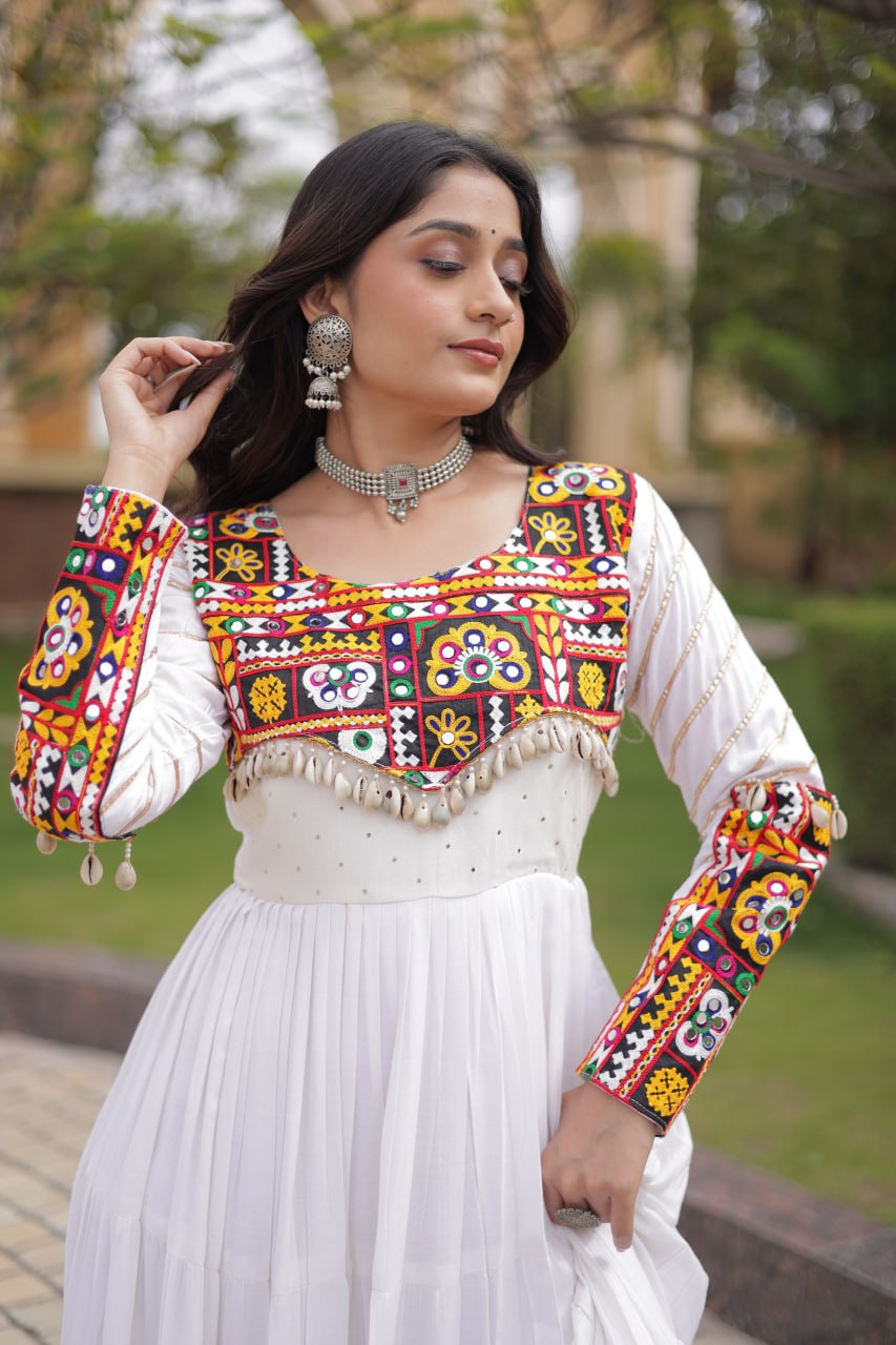 White color Mukaish and Gamthi Mirror Navratri Gown