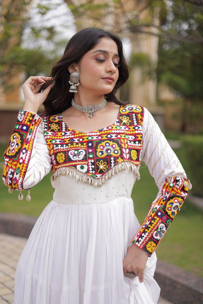 White color Mukaish and Gamthi Mirror Navratri Gown