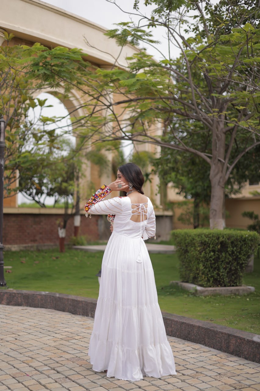 White color Mukaish and Gamthi Mirror Navratri Gown