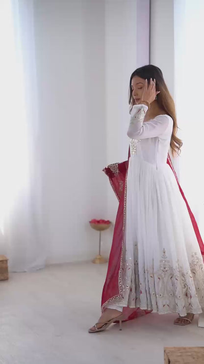 White Colour Heavy Georgette Embroidery Sequence Anarkali Gown Pant and Dupatta