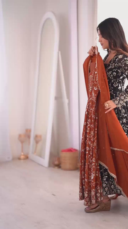 Elegant Rust Orange color Embroidered Sequence Designer Anarkali Three Piece Set